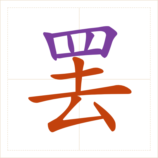 The character 罢 (bà) with each of its parts in a different colour