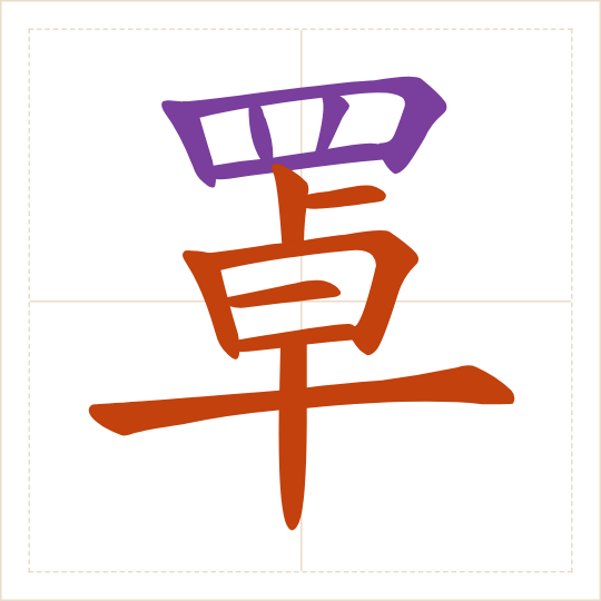The character 罩 (zhào) with each of its parts in a different colour