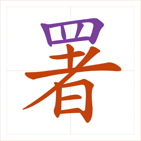 The character 署 (shǔ) with each of its parts in a different colour