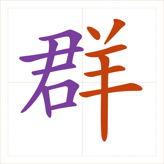 The character 群 (qún) with each of its parts in a different colour