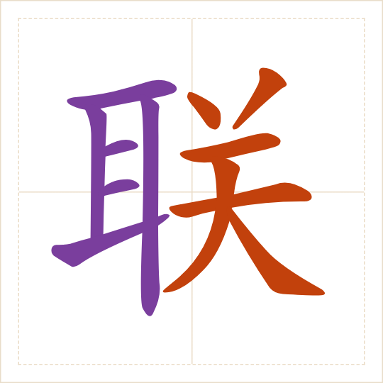 The character 联 (lián) with each of its parts in a different colour
