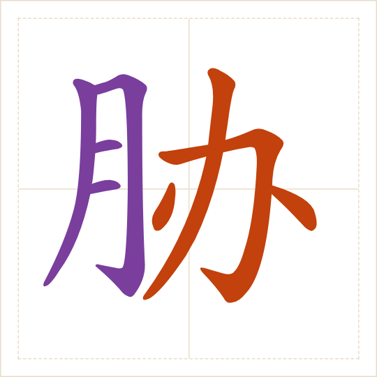 The character 胁 (xié) with each of its parts in a different colour