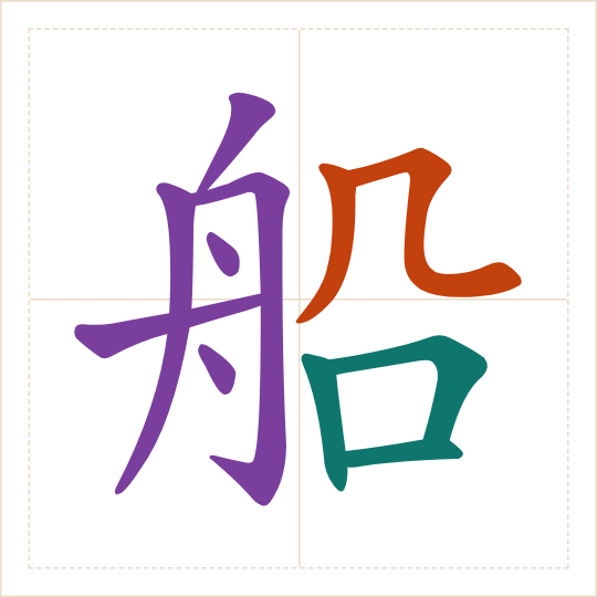 The character 船 (chuán) with each of its parts in a different colour