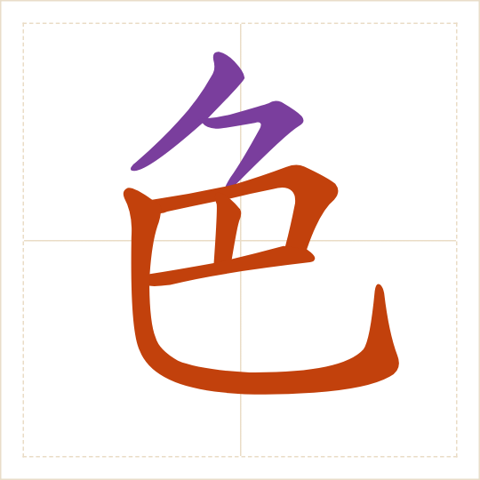 The character 色 (sè) with each of its parts in a different colour