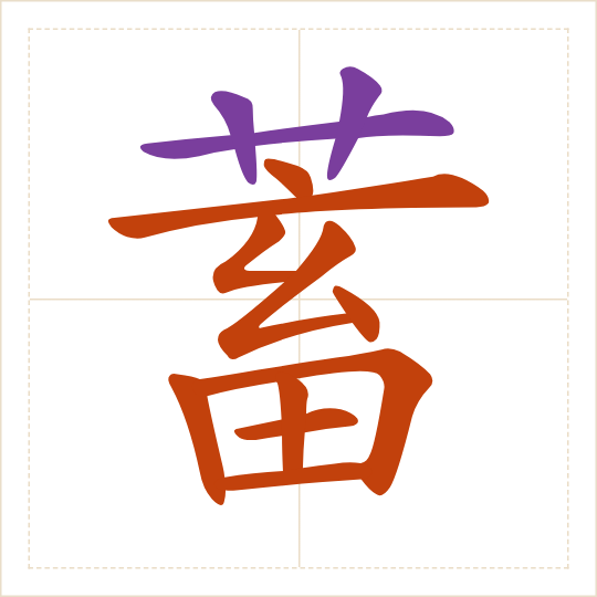 The character 蓄 (xù) with each of its parts in a different colour