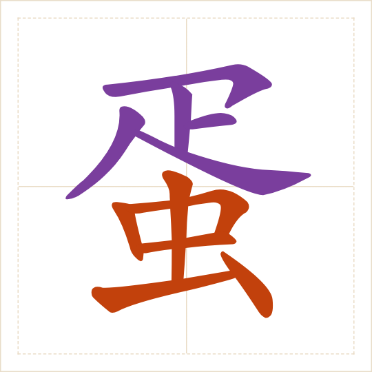 The character 蛋 (dàn) with each of its parts in a different colour
