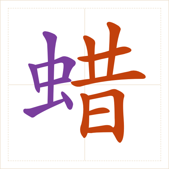 The character 蜡 (là) with each of its parts in a different colour