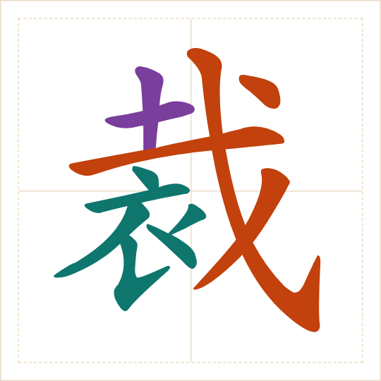 The character 裁 (cái) with each of its parts in a different colour
