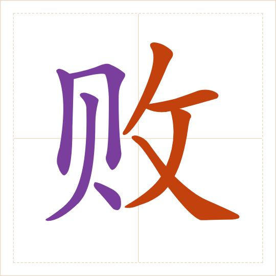 The character 败 (bài) with each of its parts in a different colour