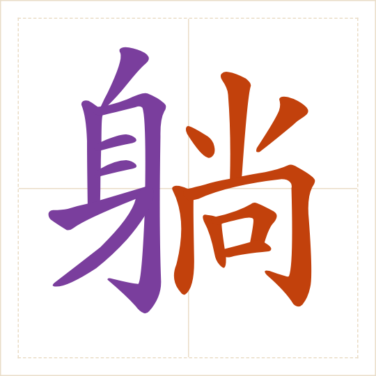 The character 躺 (tǎng) with each of its parts in a different colour