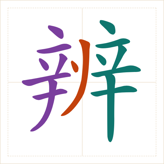 The character 辨 (biàn) with each of its parts in a different colour