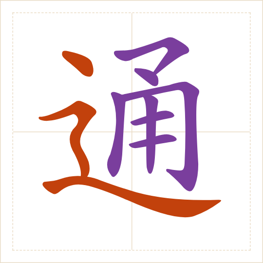 The character 通 (tōng) with each of its parts in a different colour