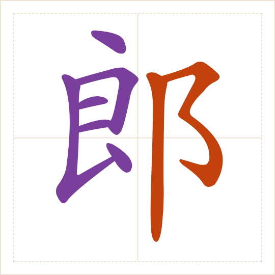 The character 郎 (láng) with each of its parts in a different colour
