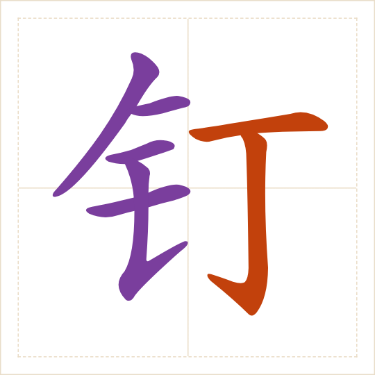 The character 钉 (dīng) with each of its parts in a different colour