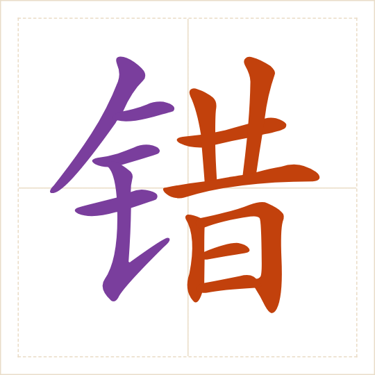 The character 错 (cuò) with each of its parts in a different colour