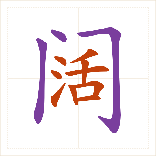 The character 阔 (kuò) with each of its parts in a different colour