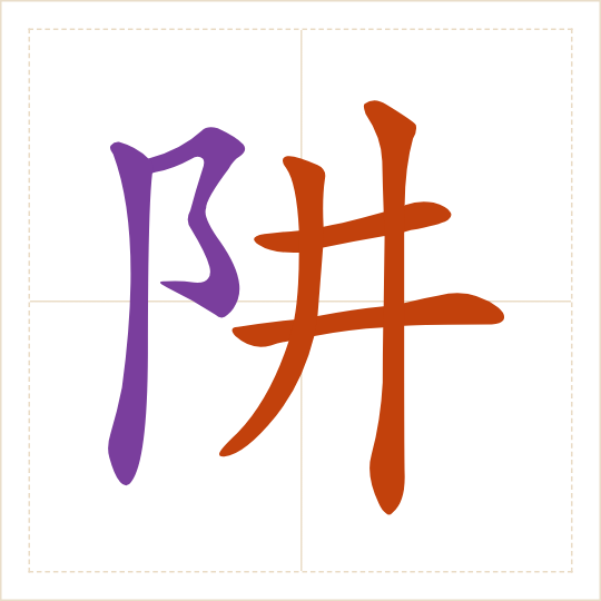The character 阱 (jǐng) with each of its parts in a different colour