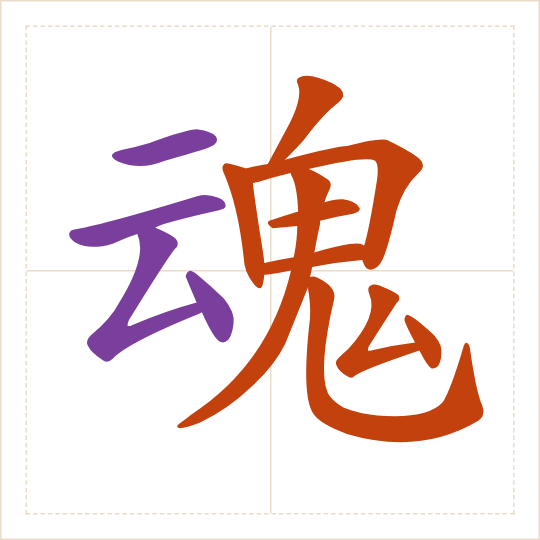 The character 魂 (hún) with each of its parts in a different colour
