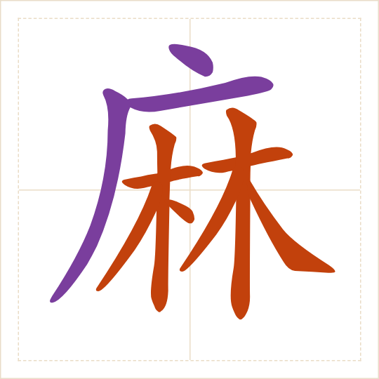 The character 麻 (má) with each of its parts in a different colour