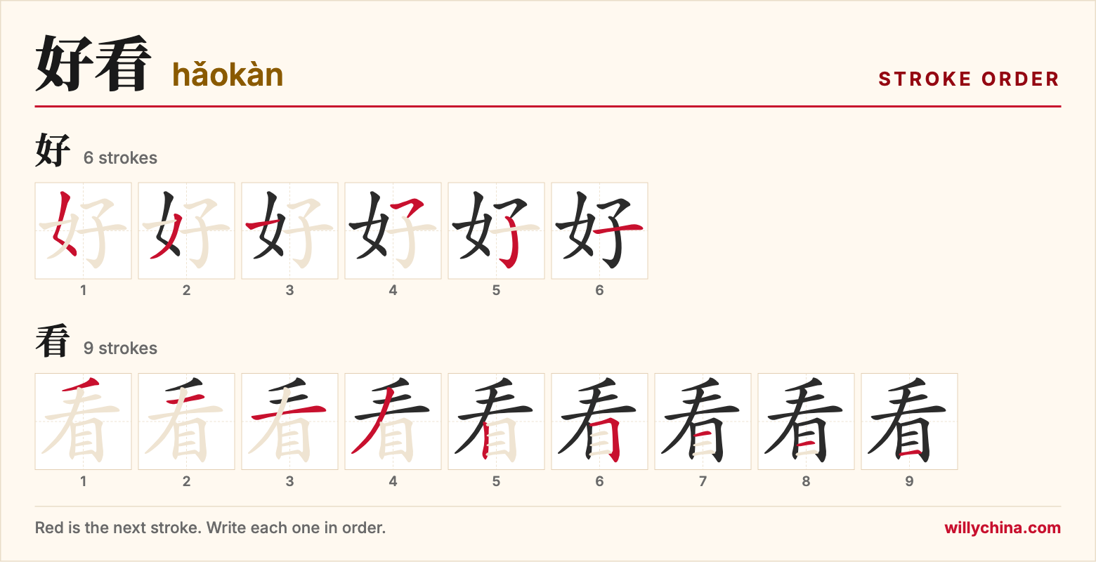 好看 (hǎokàn) stroke order chart: each stroke of the characters in the order you write them