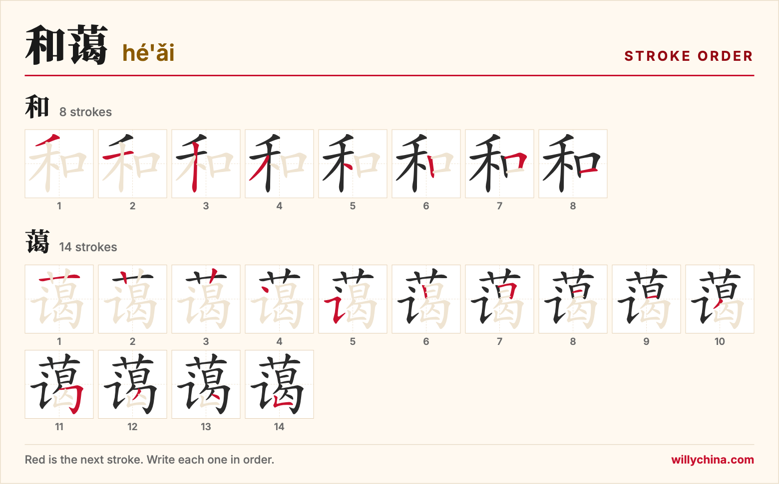 和蔼 (hé'ǎi) stroke order chart: each stroke of the characters in the order you write them