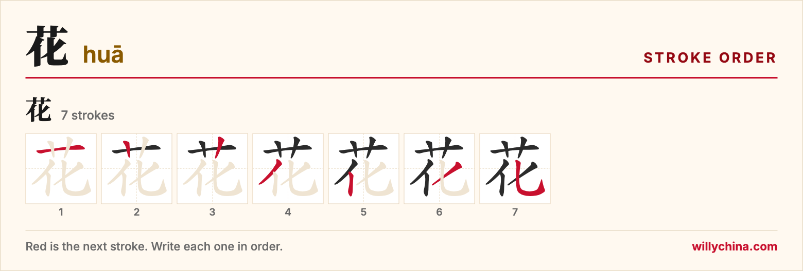 花 (huā) stroke order chart: each stroke of the character in the order you write it