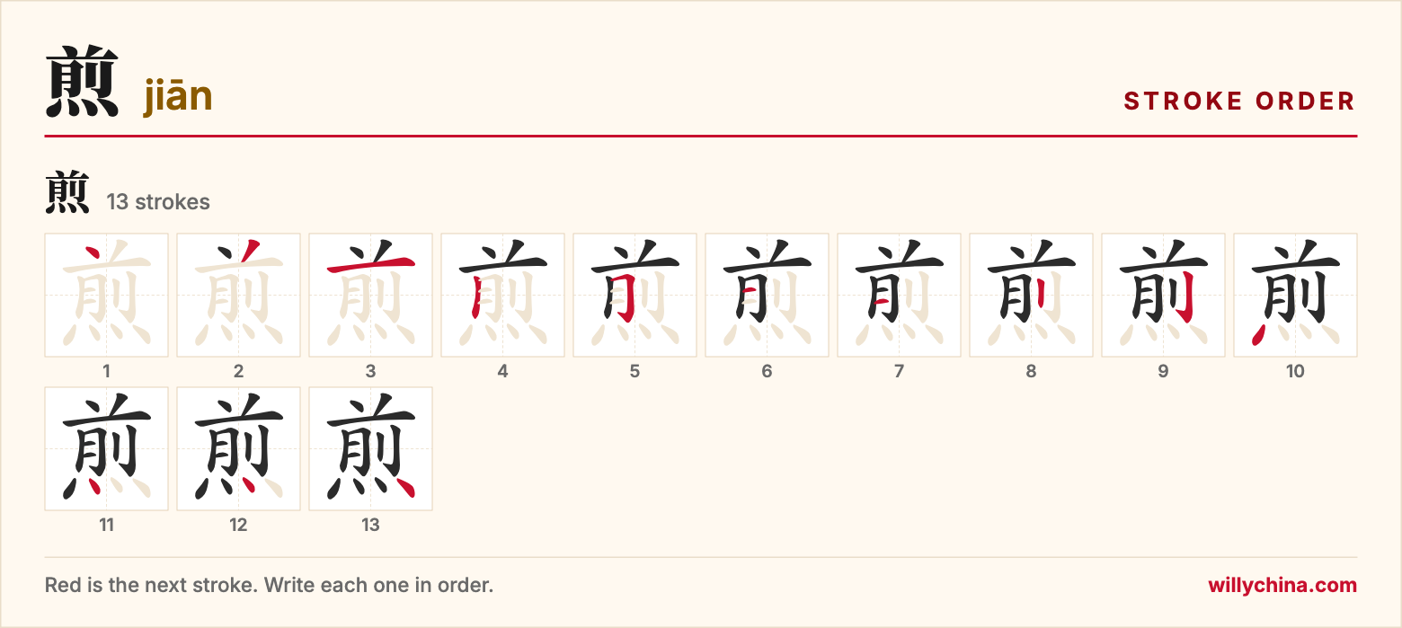 煎 (jiān) stroke order chart: each stroke of the character in the order you write it
