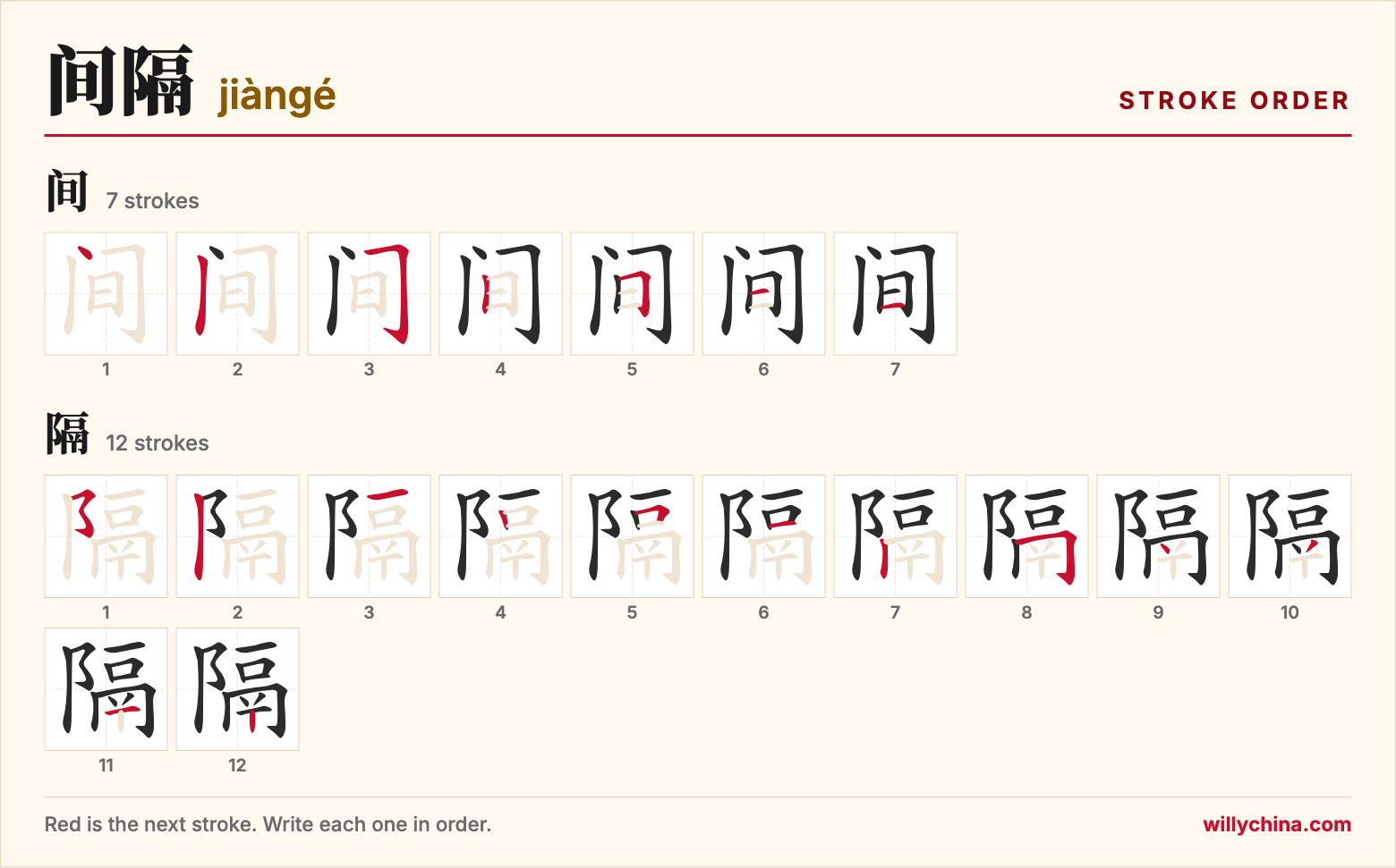 间隔 (jiàngé) stroke order chart: each stroke of the characters in the order you write them