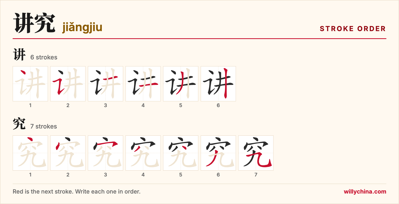 讲究 (jiǎngjiu) stroke order chart: each stroke of the characters in the order you write them