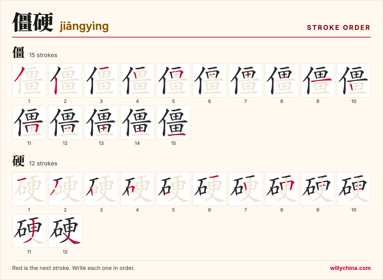 僵硬 (jiāngyìng) stroke order chart: each stroke of the characters in the order you write them