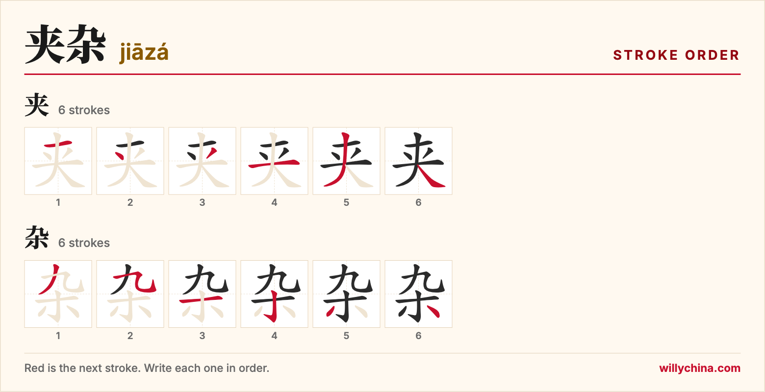 夹杂 (jiāzá) stroke order chart: each stroke of the characters in the order you write them