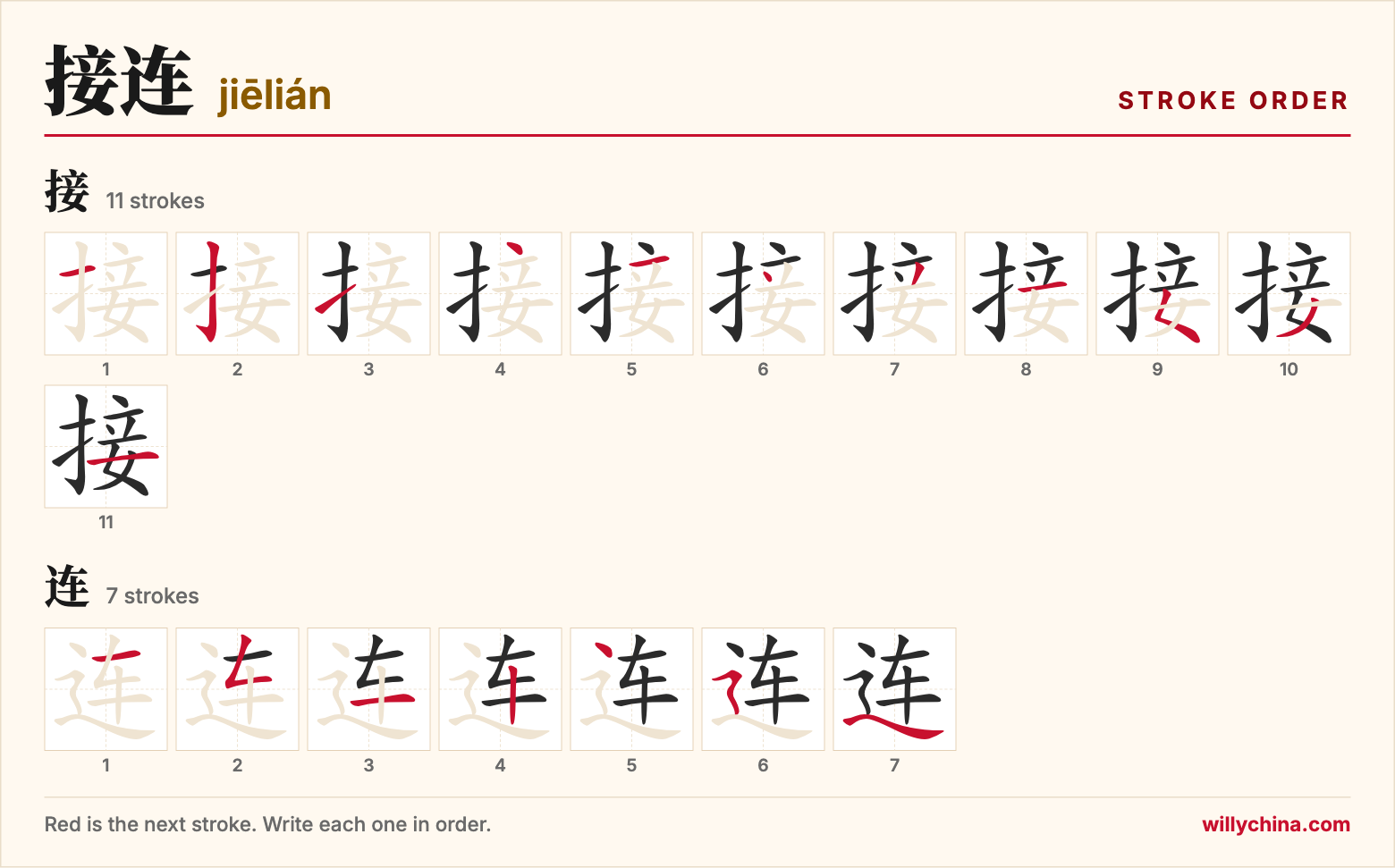 接连 (jiēlián) stroke order chart: each stroke of the characters in the order you write them