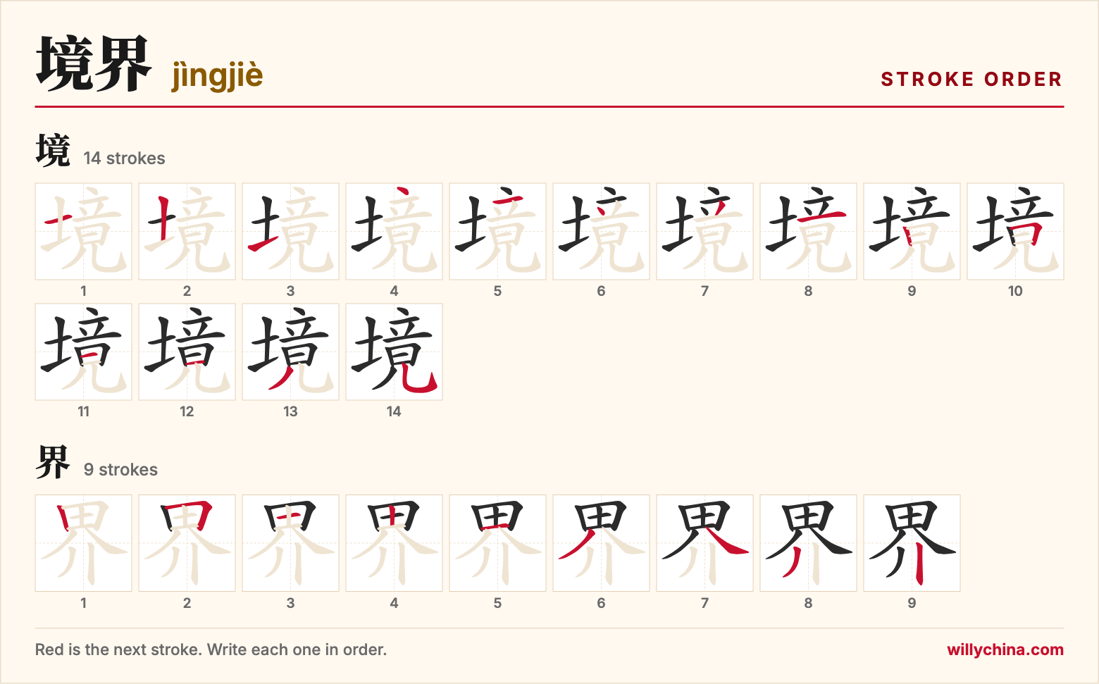 境界 (jìngjiè) stroke order chart: each stroke of the characters in the order you write them