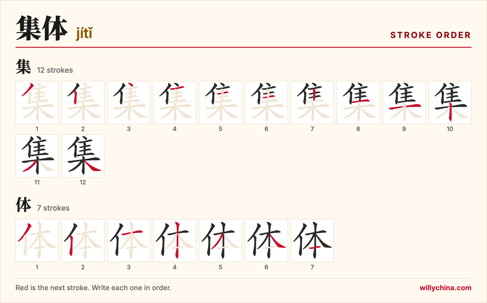 集体 (jítǐ) stroke order chart: each stroke of the characters in the order you write them
