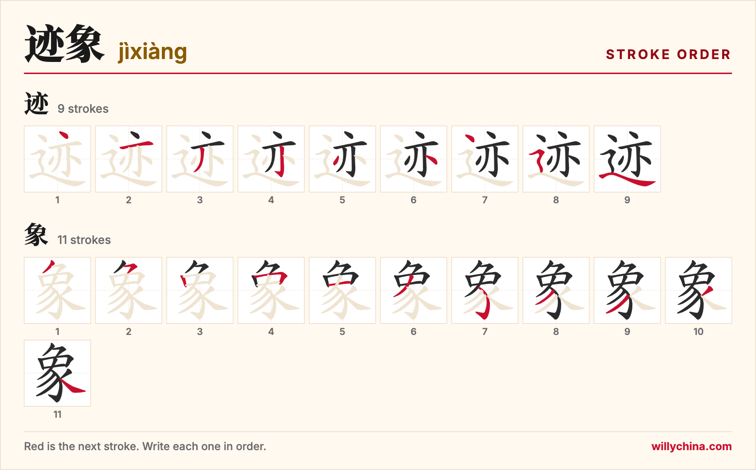 迹象 (jìxiàng) stroke order chart: each stroke of the characters in the order you write them