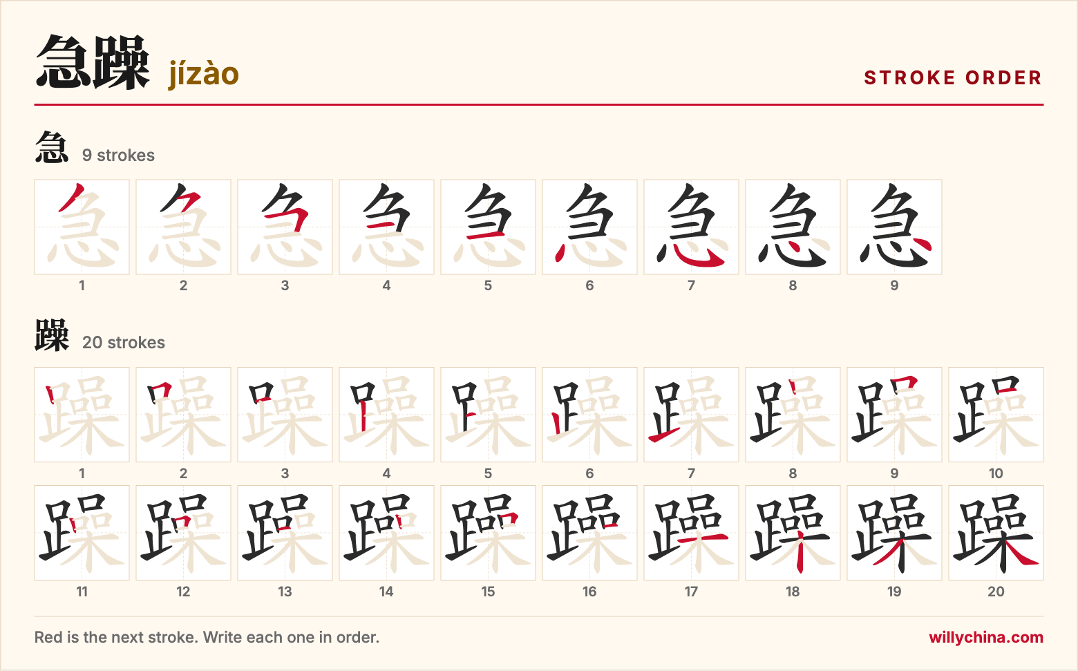急躁 (jízào) stroke order chart: each stroke of the characters in the order you write them