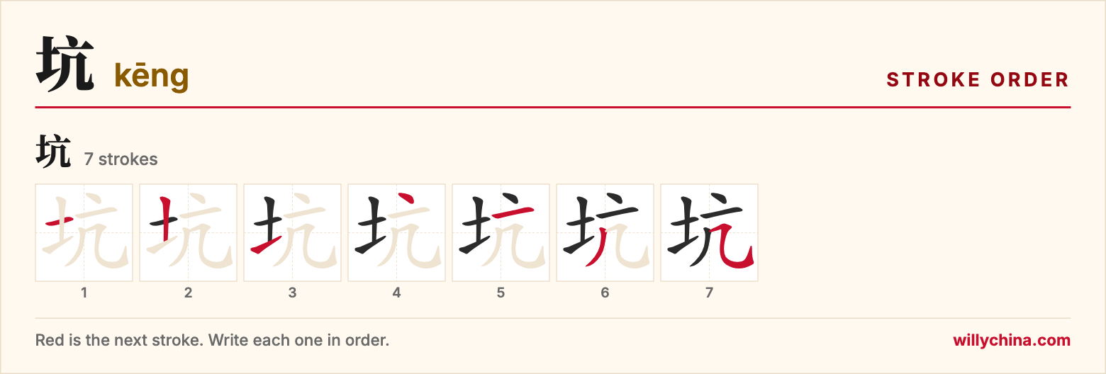 坑 (kēng) stroke order chart: each stroke of the character in the order you write it