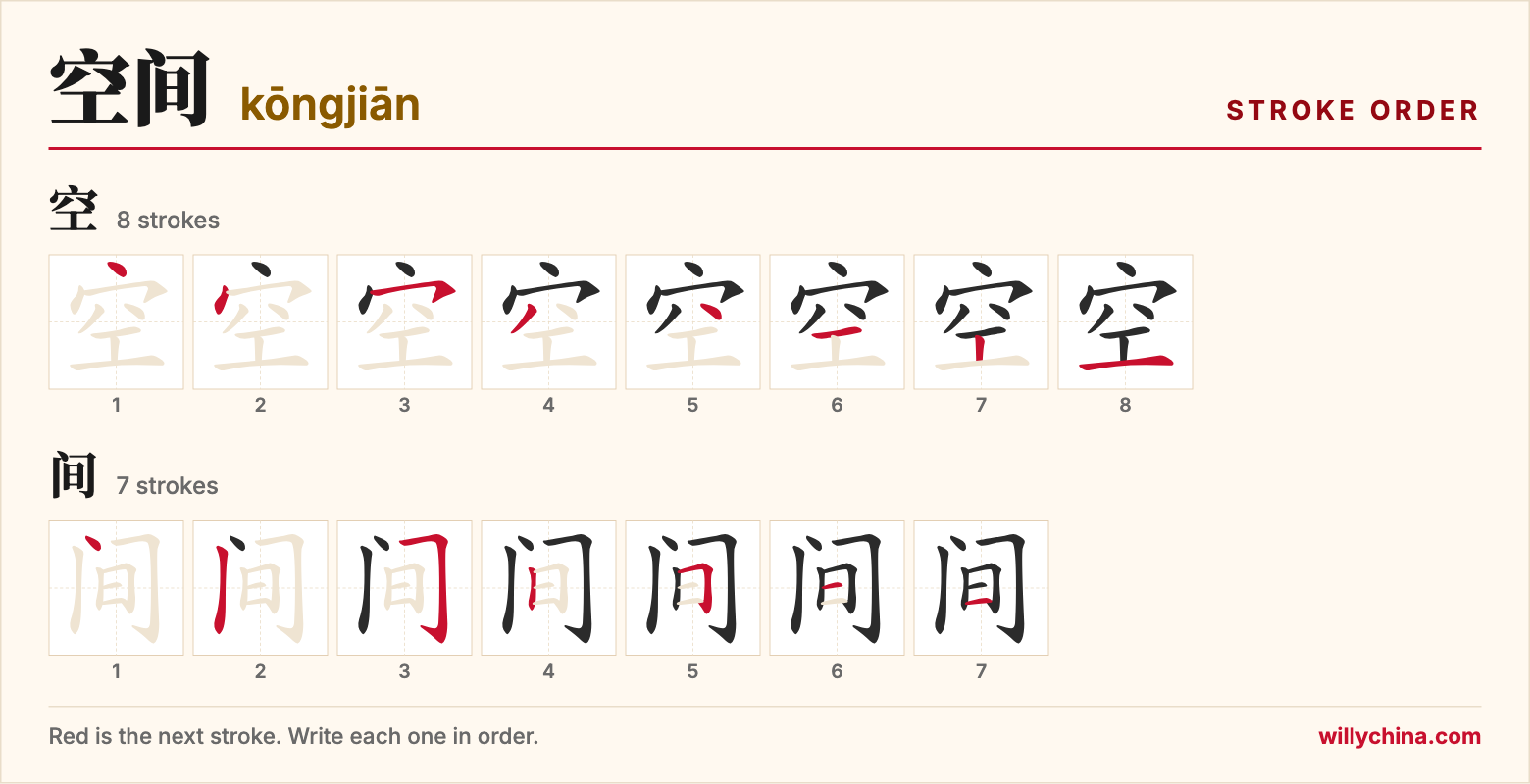 空间 (kōngjiān) stroke order chart: each stroke of the characters in the order you write them
