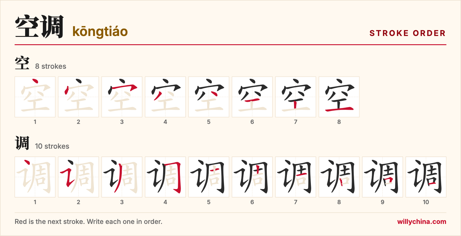空调 (kōngtiáo) stroke order chart: each stroke of the characters in the order you write them