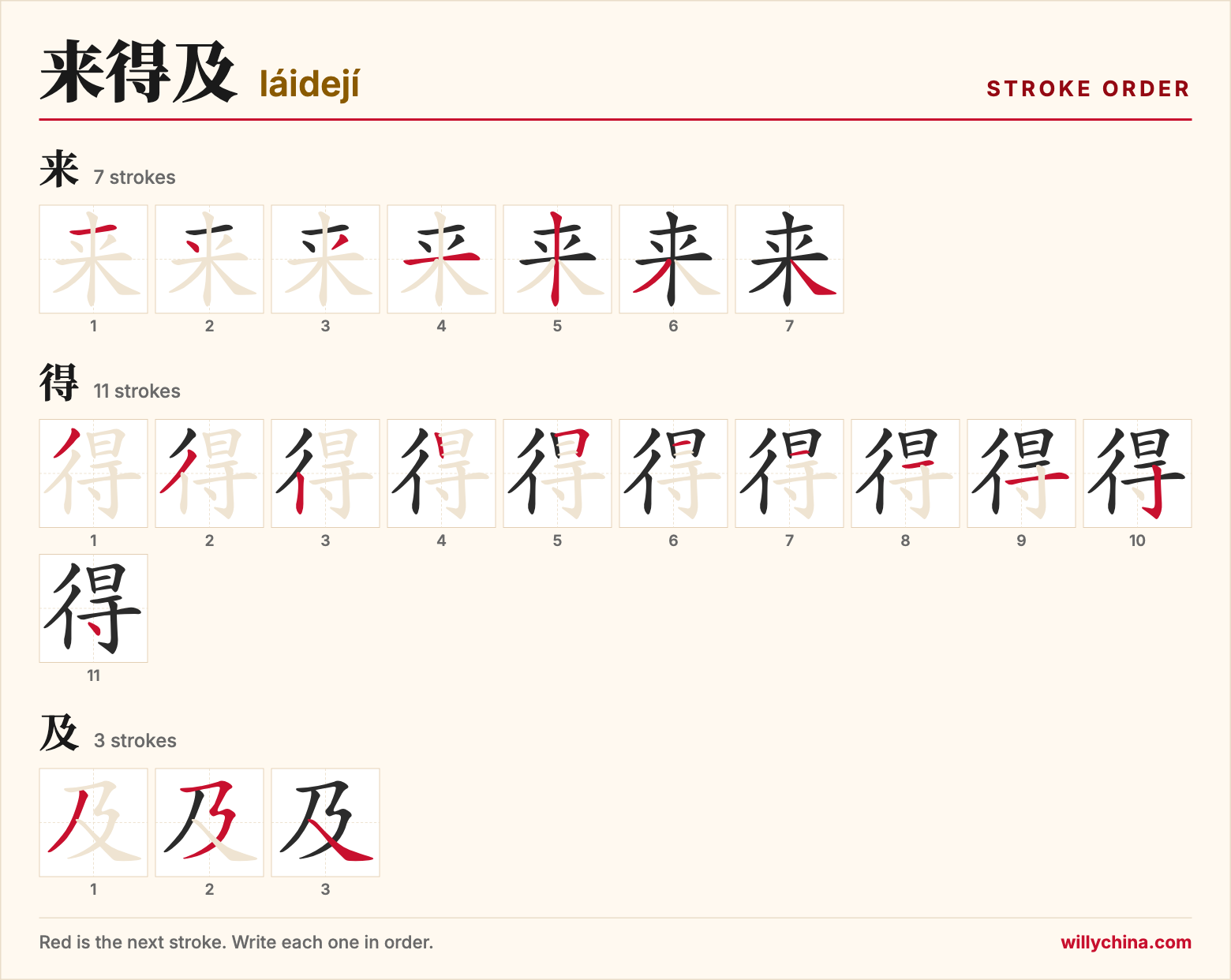 来得及 (láidejí) stroke order chart: each stroke of the characters in the order you write them