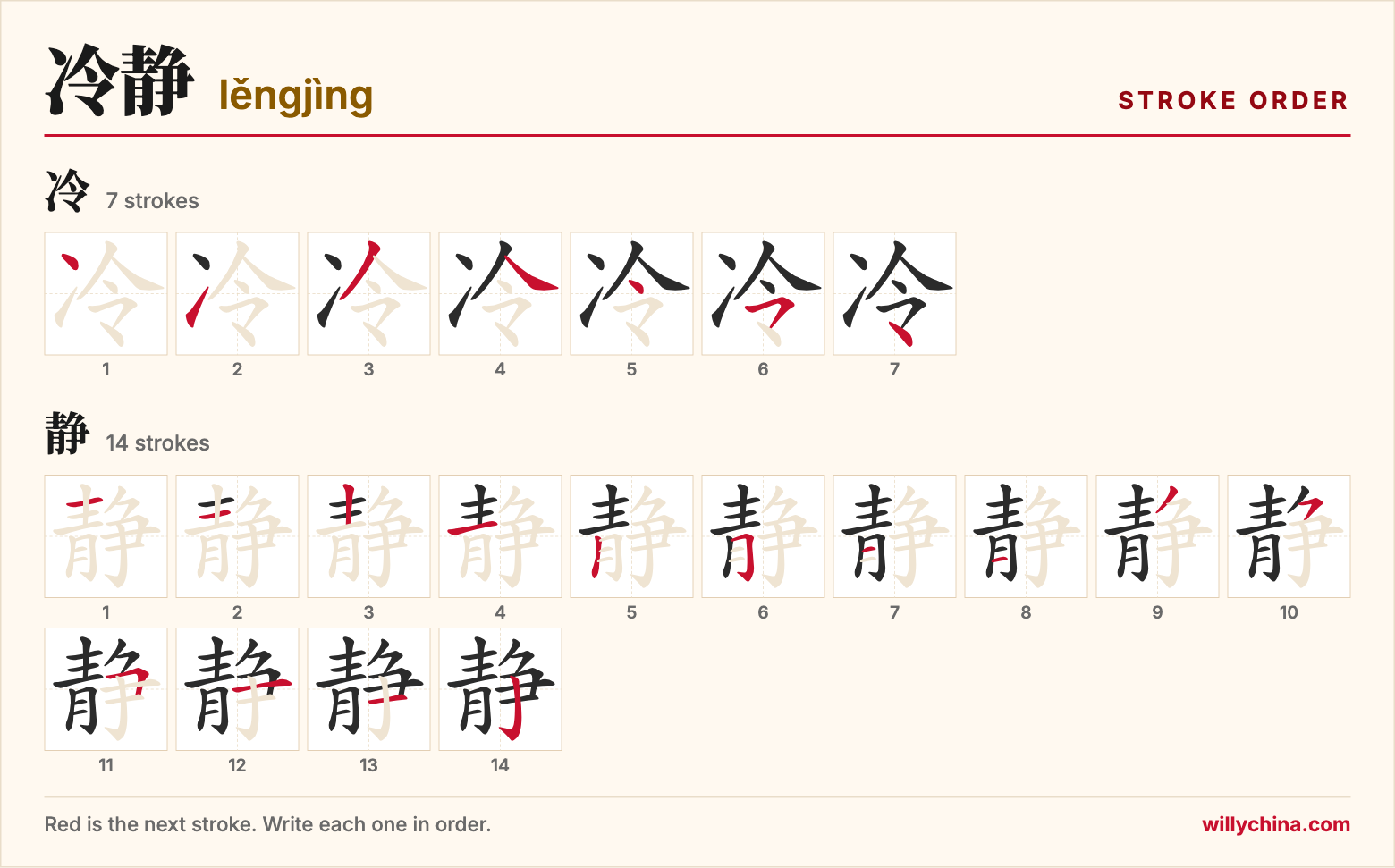 冷静 (lěngjìng) stroke order chart: each stroke of the characters in the order you write them