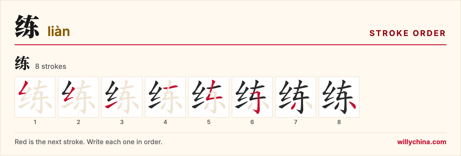 练 (liàn) stroke order chart: each stroke of the character in the order you write it