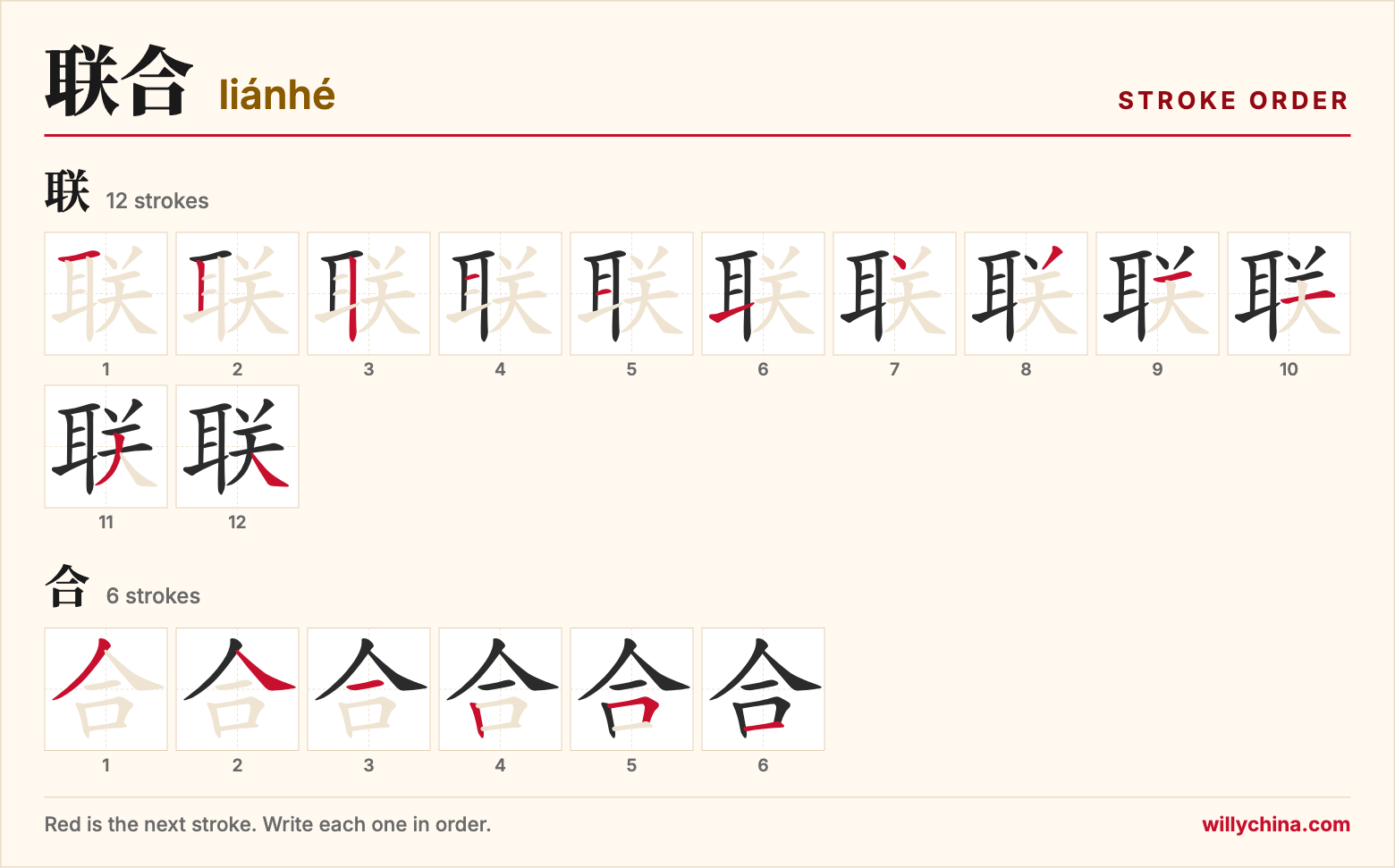 联合 (liánhé) stroke order chart: each stroke of the characters in the order you write them