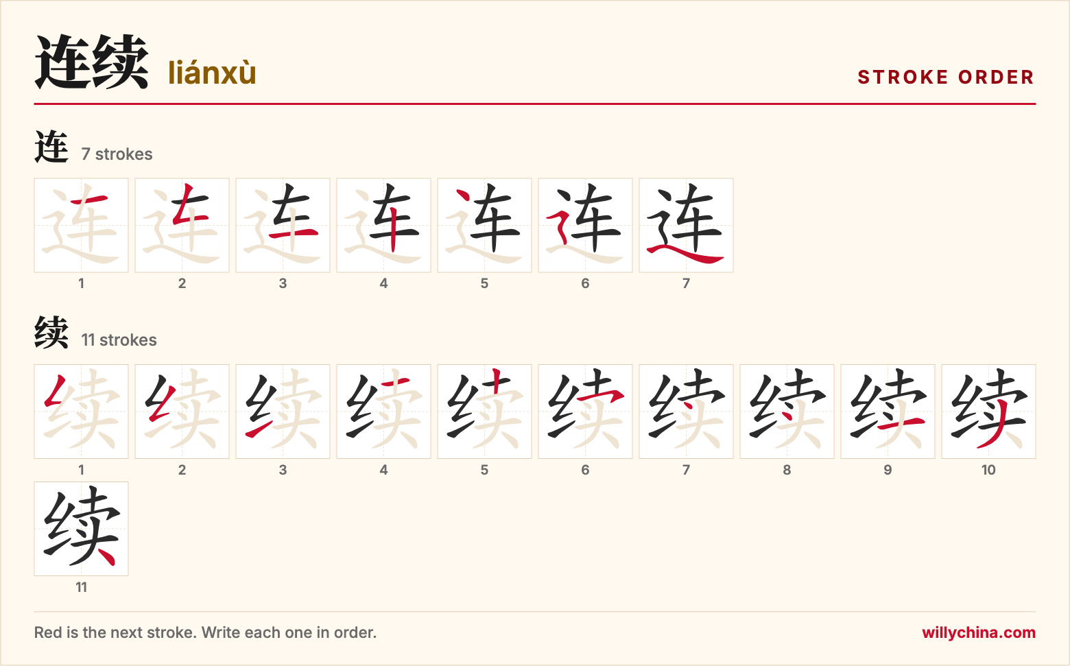 连续 (liánxù) stroke order chart: each stroke of the characters in the order you write them