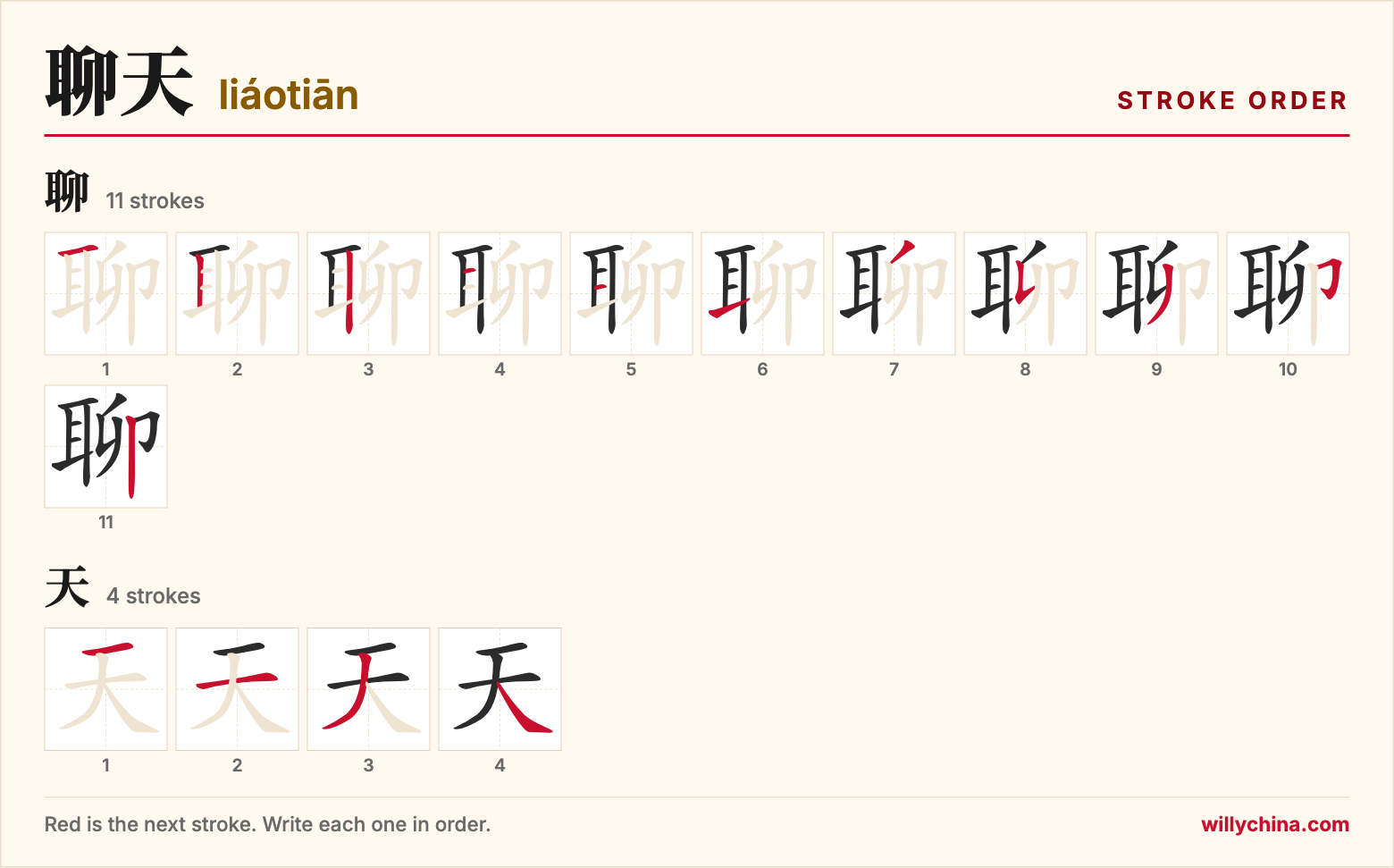 聊天 (liáotiān) stroke order chart: each stroke of the characters in the order you write them