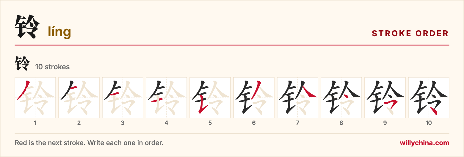 铃 (líng) stroke order chart: each stroke of the character in the order you write it