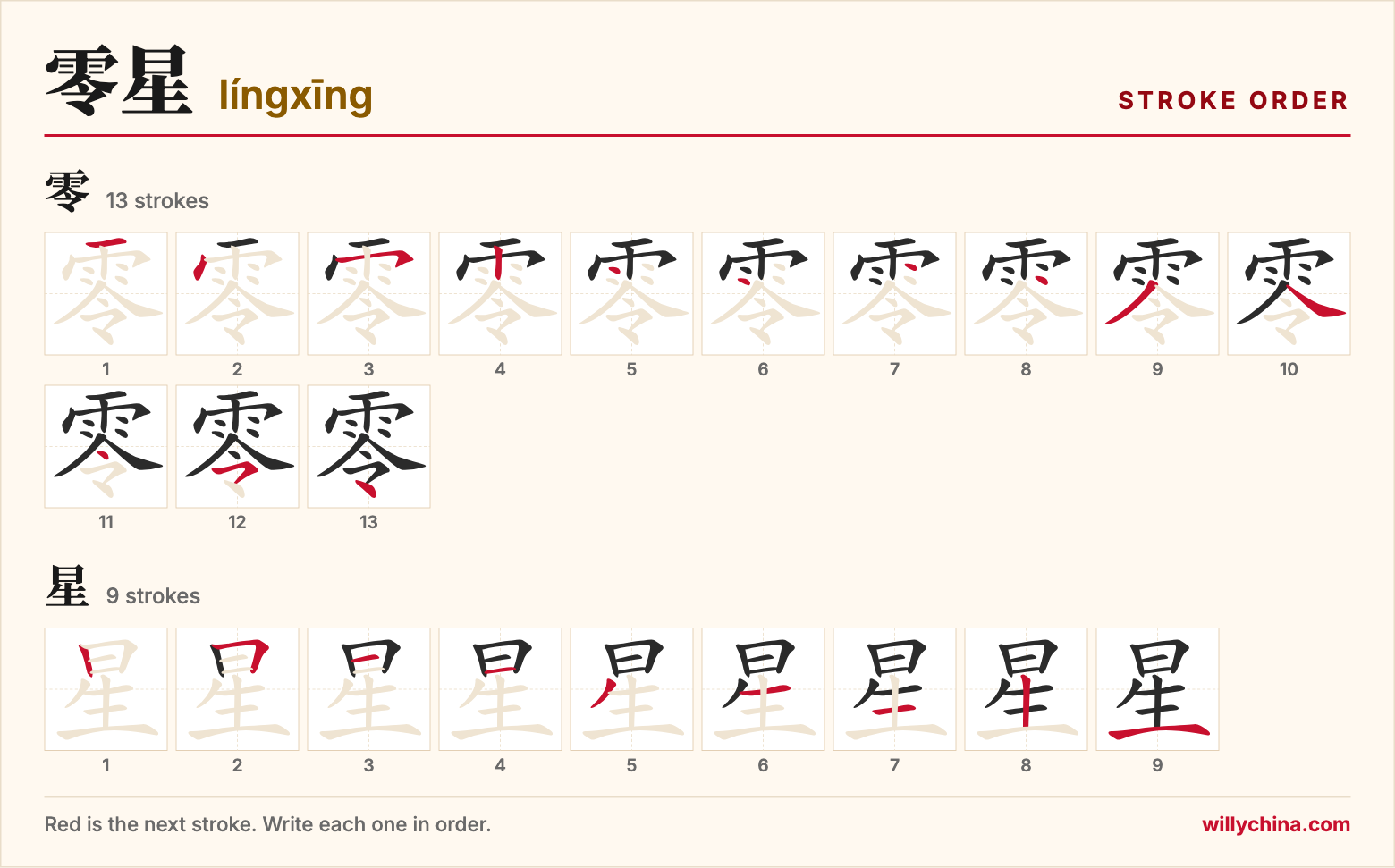 零星 (língxīng) stroke order chart: each stroke of the characters in the order you write them