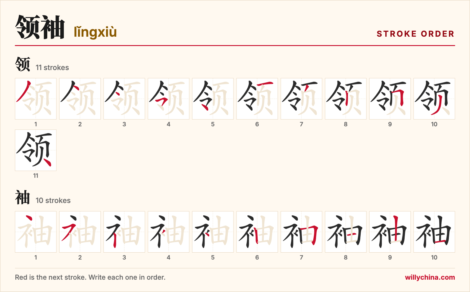 领袖 (lǐngxiù) stroke order chart: each stroke of the characters in the order you write them