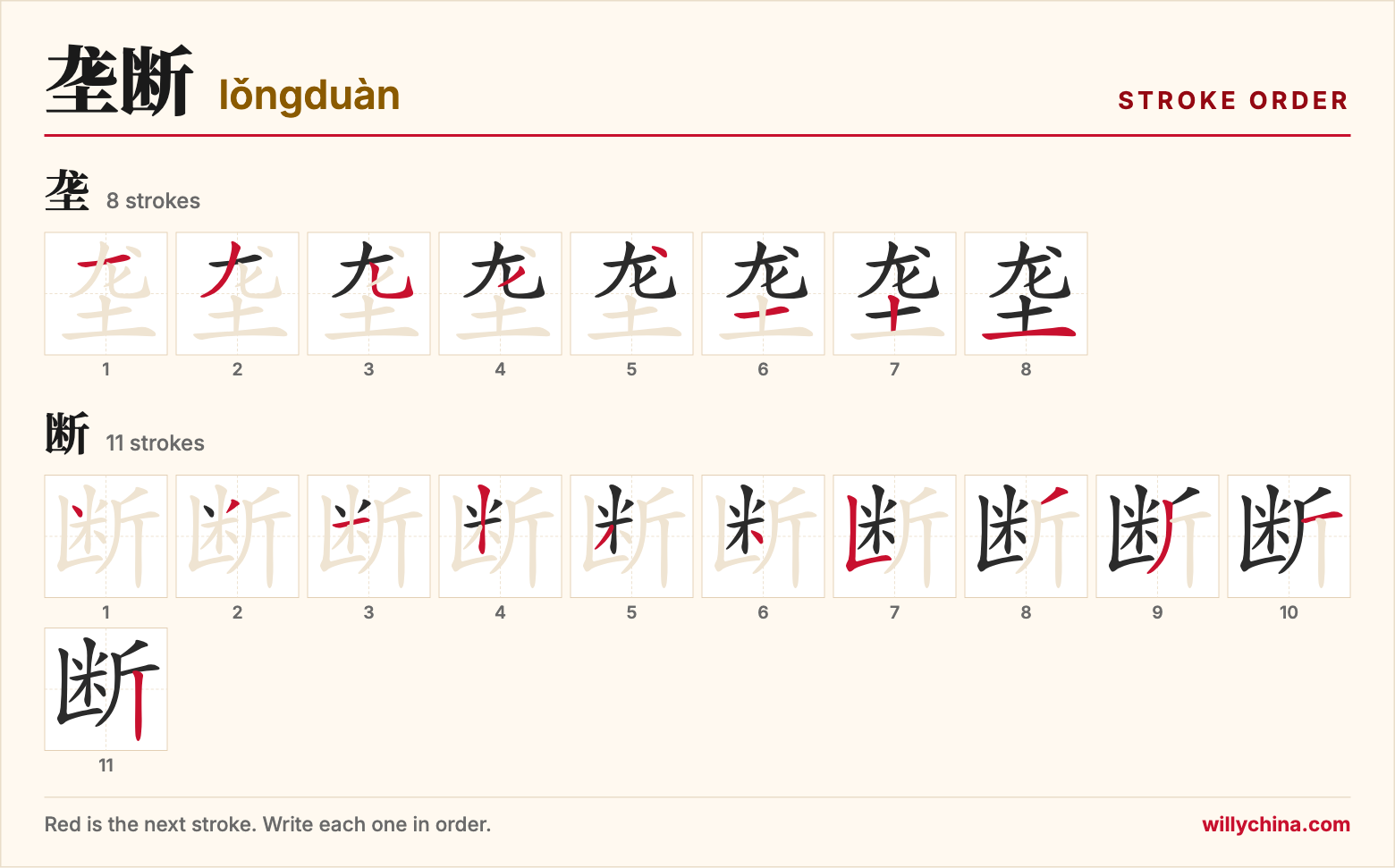 垄断 (lǒngduàn) stroke order chart: each stroke of the characters in the order you write them