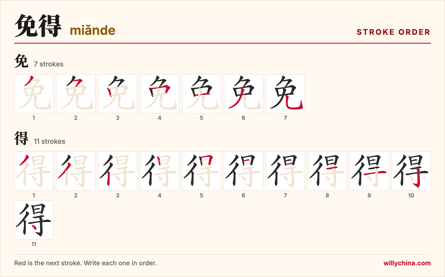 免得 (miǎnde) stroke order chart: each stroke of the characters in the order you write them